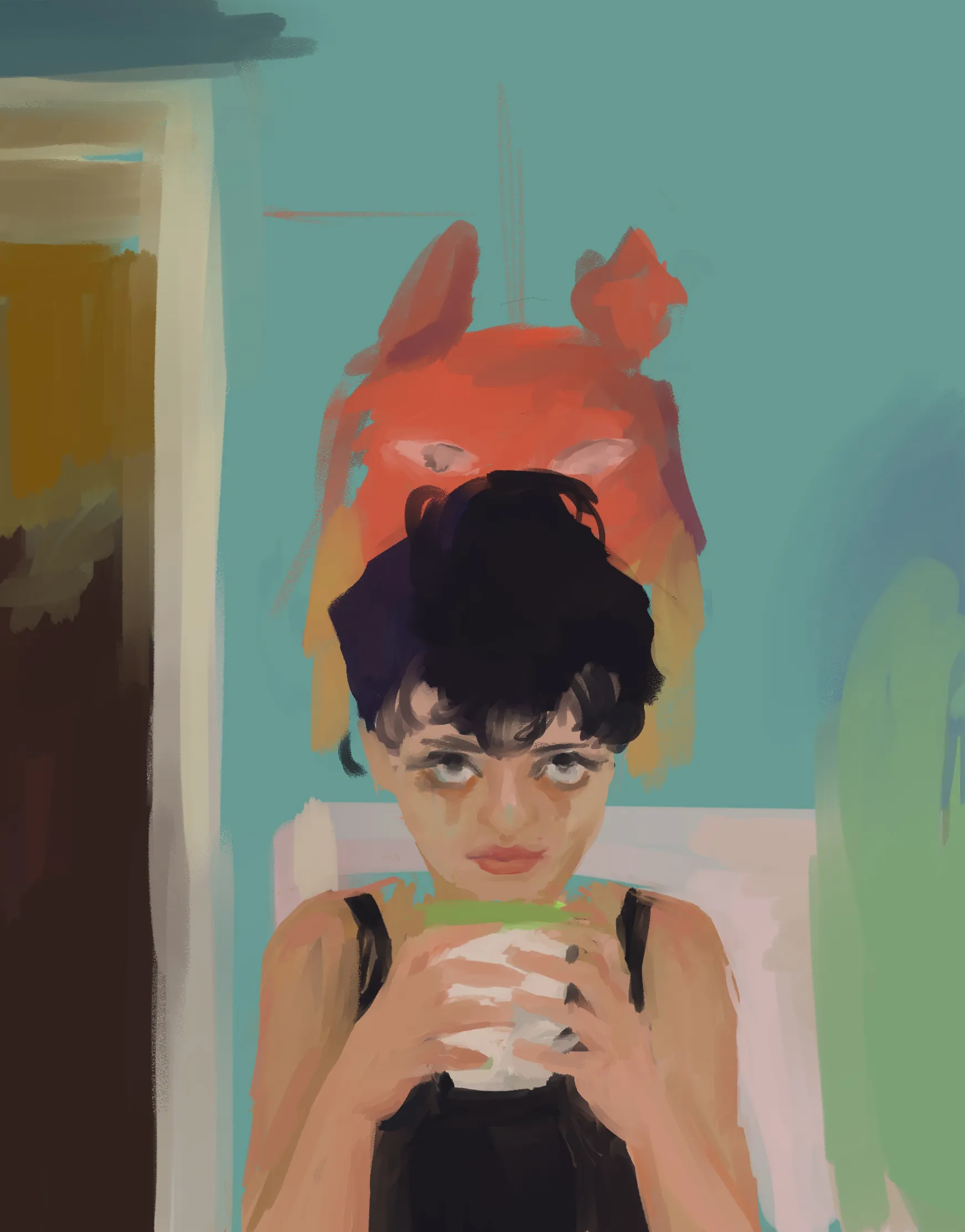digital painting of a girl sipping a beverage with a turquoise wall and open door behind her